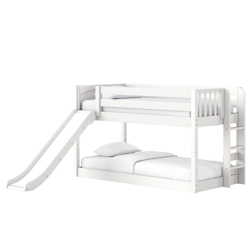 White wooden loft bunk bed with slide and ladder, twin-over-full children's bed with guardrails and mattresses, modern space-saving design