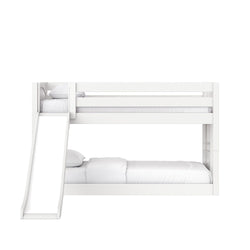 White wooden twin-over-full bunk bed with built-in slide and ladder, modern kids loft bed with white bedding