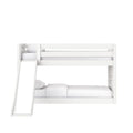 White wooden twin-over-twin bunk bed with slide and safety rails, minimalist kids' bed with white bedding for shared bedrooms