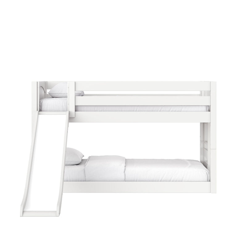 White wooden twin-over-twin bunk bed with slide and safety rails, minimalist kids' bed with white bedding for shared bedrooms