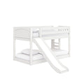 White wooden twin-over-twin bunk bed with slide, ladder and guardrails, modern kids loft bed with mattresses