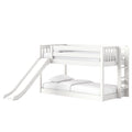 White wooden loft bunk bed with slide and ladder — children's space-saving bunk bed with safety rails and bedding