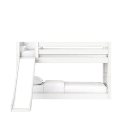 White wooden twin-over-twin bunk bed with slide and white bedding, modern kids loft bed for small bedrooms and shared rooms
