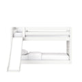 White wooden kids bunk bed with built-in slide and guardrails, twin-over-twin mattresses and white bedding in a modern space-saving design