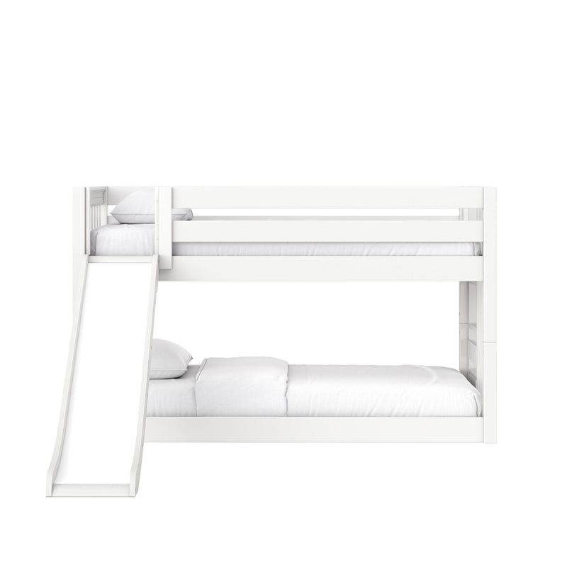 White wooden kids bunk bed with built-in slide and guardrails, twin-over-twin mattresses and white bedding in a modern space-saving design