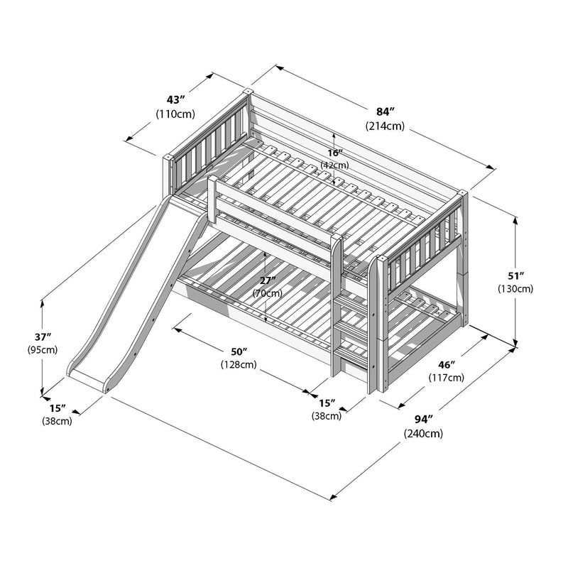 Blueprint-style dimension diagram of a wooden twin-over-full bunk bed with ladder and slide, slatted guardrails and mattress slats, showing measurements in inches and cm for a children's loft bed.