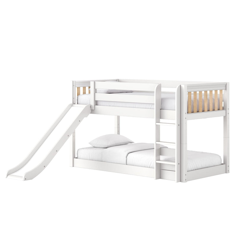 White wooden twin-over-full loft bunk bed with slide and ladder, natural wood slats, modern kids bedroom furniture