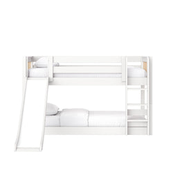 White wooden kids bunk bed with built-in slide and ladder, modern twin-over-full frame with white bedding and safety rails
