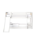 White wooden bunk bed with built-in ladder and slide, twin-over-full children's bed with white bedding, modern kids' bedroom furniture