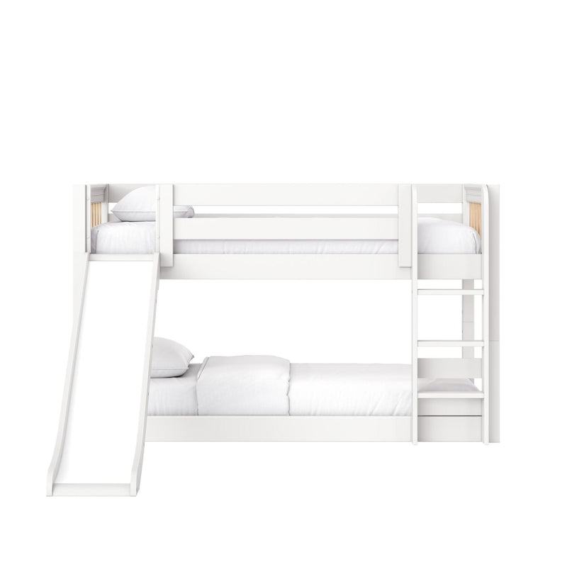 White wooden bunk bed with built-in ladder and slide, twin-over-full children's bed with white bedding, modern kids' bedroom furniture
