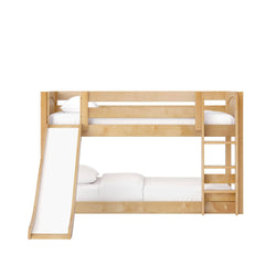 Natural light-wood bunk bed with built-in ladder and slide, white bedding, modern kids' loft bed for shared bedrooms
