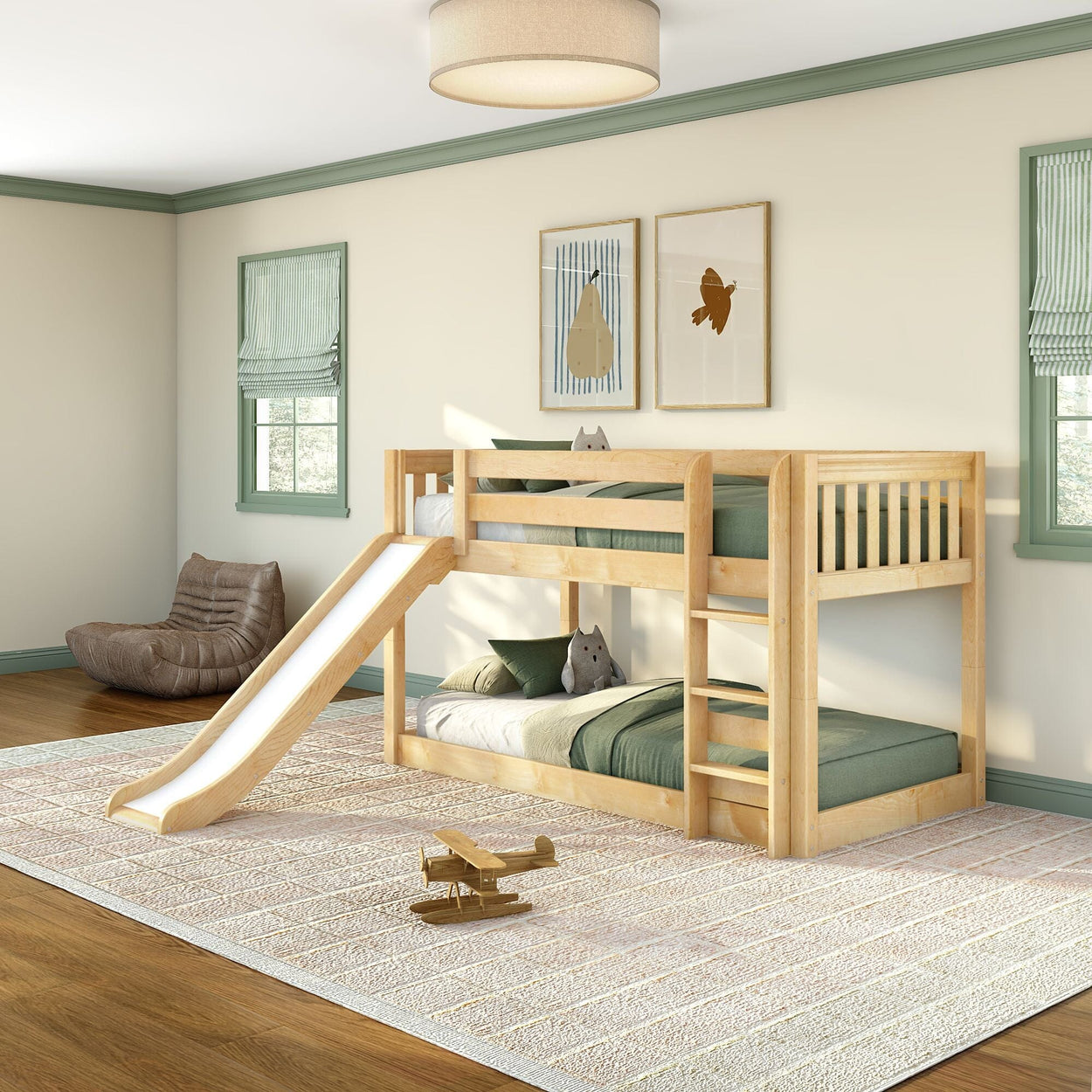 Solid natural wood twin-over-twin bunk bed with slide in bright children's bedroom, green bedding, hardwood floors, area rug, toy airplane and cozy bean bag, modern kids furniture and playroom design