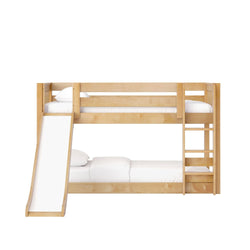 Solid maple twin-over-full bunk bed with slide and built-in ladder, natural finish and white bedding for children's bedroom