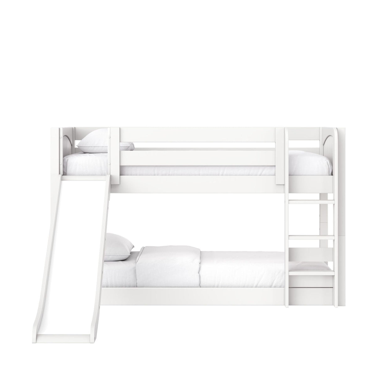 White wooden kids' bunk bed with slide and ladder, upper and lower beds with white bedding on white background