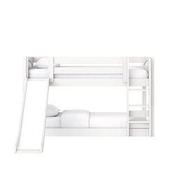 White wooden kids' bunk bed with slide and ladder, upper and lower beds with white bedding on white background
