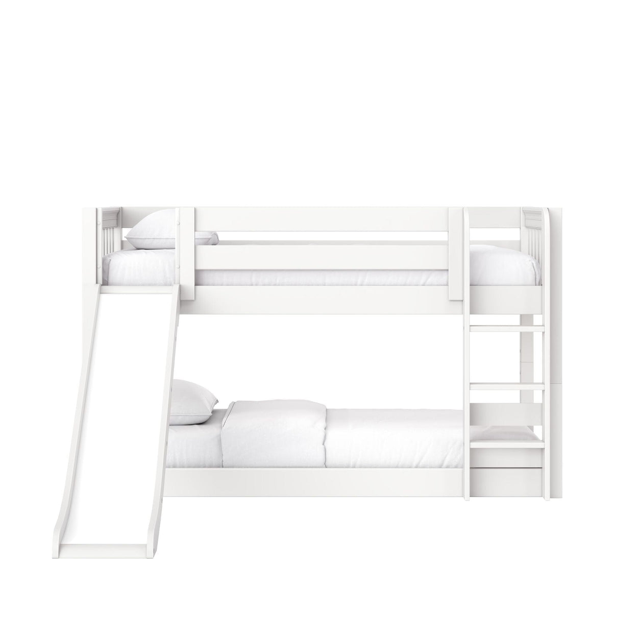 White wooden bunk bed with slide and ladder, twin-over-full kids loft bed with white bedding, space-saving children's bedroom furniture