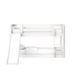 White wooden bunk bed with slide and ladder, twin-over-full kids loft bed with white bedding, space-saving children's bedroom furniture