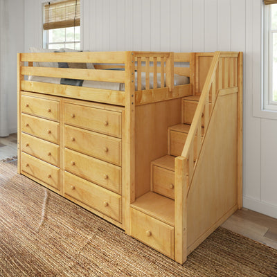 Wooden loft bed with built-in drawers and stairs for efficient storage and space utilization in small bedrooms.
