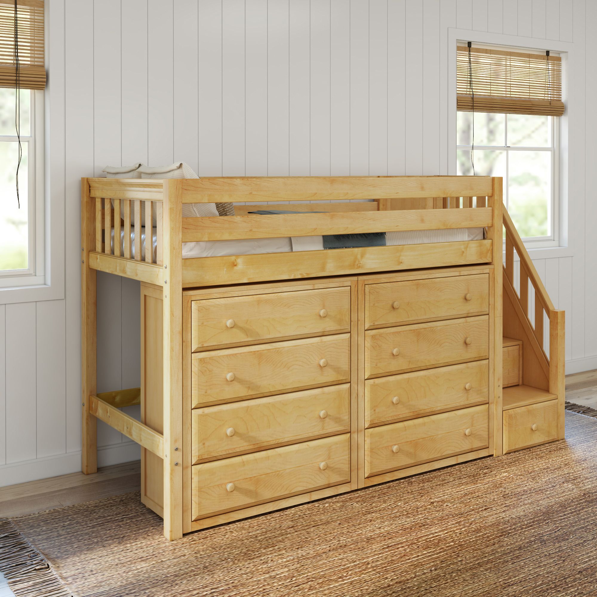 Twin Mid Loft Bed with Stairs and 2 Dressers