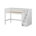 White wooden kids loft bed with side staircase and built-in storage drawers, modern space-saving bed frame