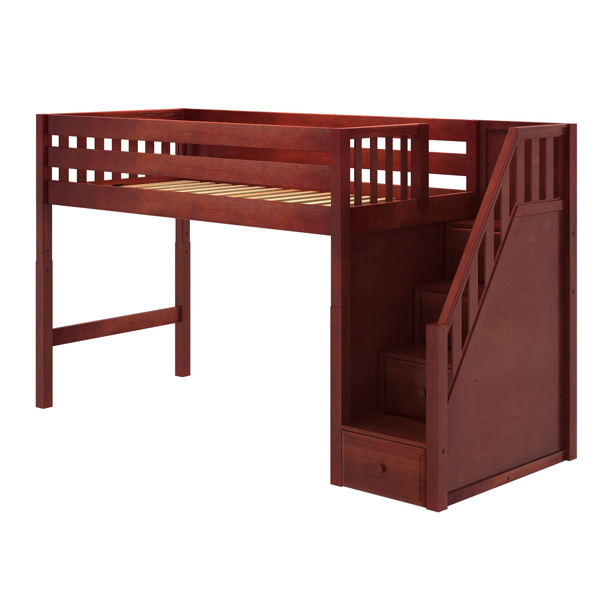 Wooden loft bed with stairs and integrated storage, perfect for maximizing space in a child’s bedroom.