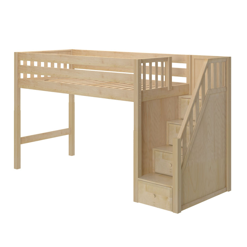 Natural wood loft bed with built-in staircase and drawer storage, slatted guardrails and raised platform for kids' bedroom