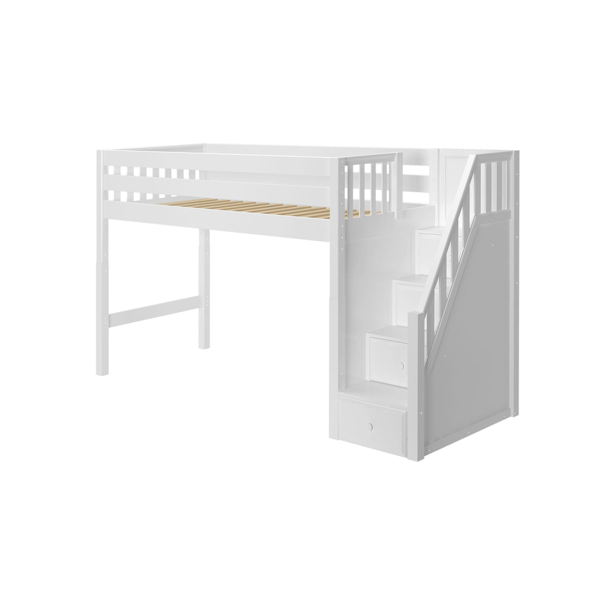 White wooden loft bed with storage stairs and safety rails.