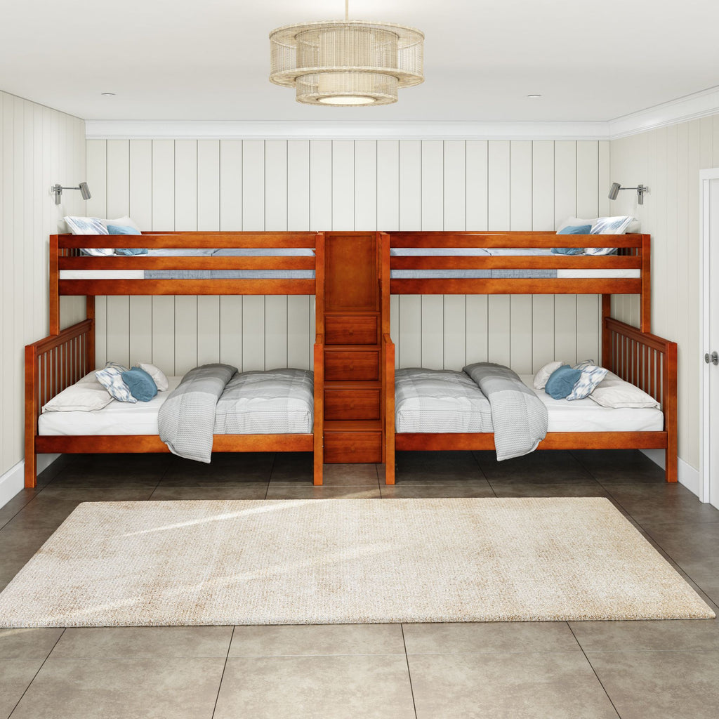 GALAXY XL CS : Multiple Bunk Beds High Twin XL over Queen Quadruple Bunk Bed with Stairs, Slat, Chestnut