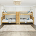 Wooden twin-over-twin bunk beds in a bright kids' bedroom with white shiplap walls, neutral gray bedding, blue accent pillows and rattan ceiling light