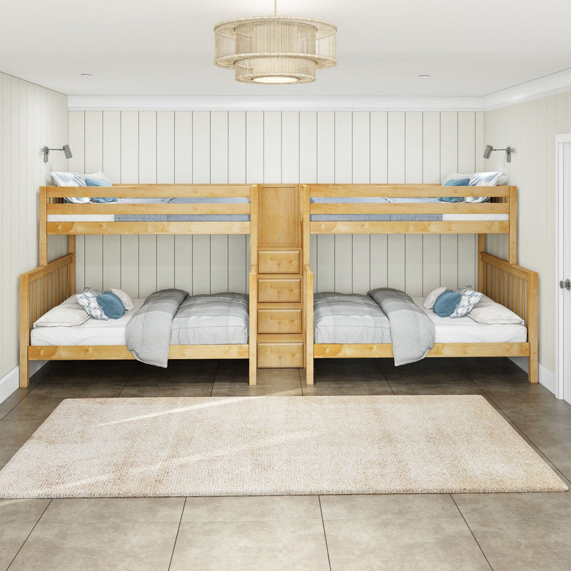 Wooden twin-over-twin bunk beds in a bright kids' bedroom with white shiplap walls, neutral gray bedding, blue accent pillows and rattan ceiling light