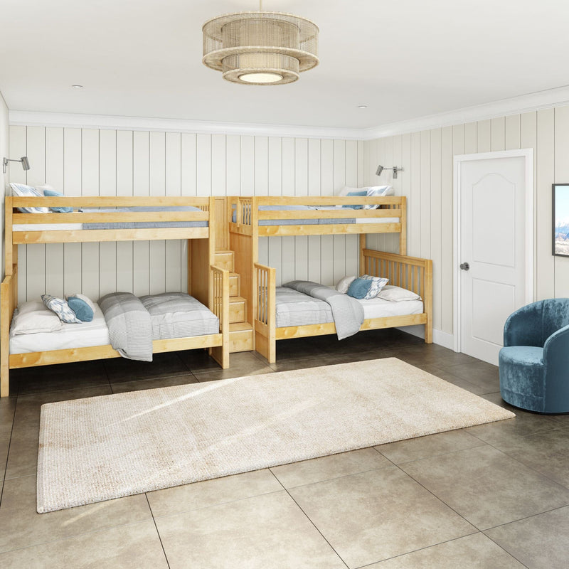 Wooden bunk beds in bright kids' bedroom with gray bedding, blue accent pillows, beige area rug, tiled floor, white shiplap walls and woven ceiling light