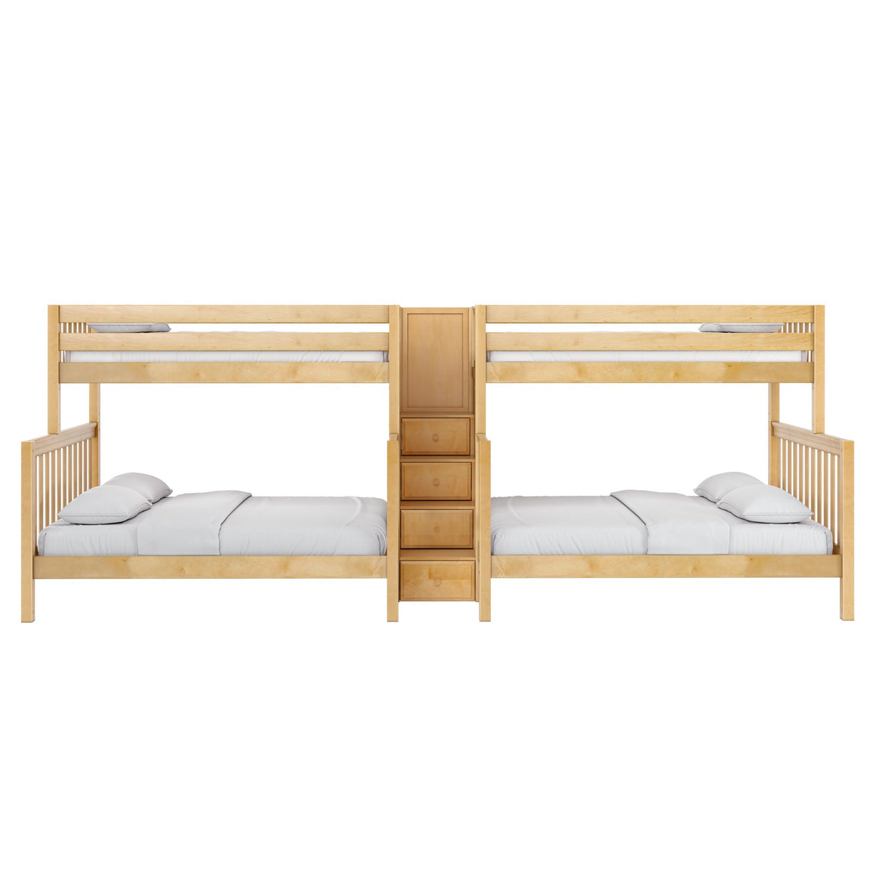 Light maple wooden twin bunk bed with built-in center staircase and drawers, white bedding, space-saving kids' bedroom furniture
