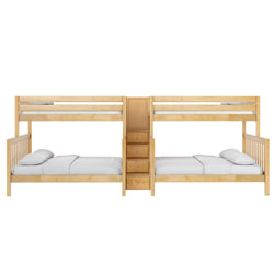 Light maple wooden twin bunk bed with built-in center staircase and drawers, white bedding, space-saving kids' bedroom furniture