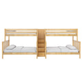 Natural maple twin bunk bed with center staircase and built-in storage drawers, white bedding, space-saving kids' bedroom furniture