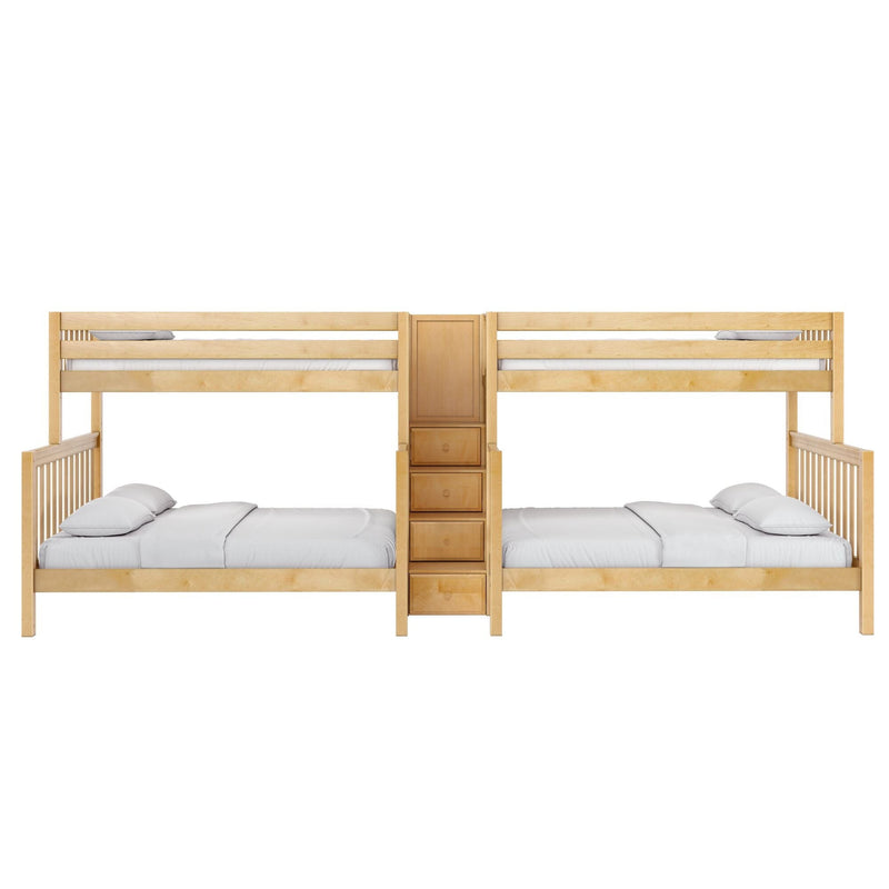 Natural maple twin bunk bed with center staircase and built-in storage drawers, white bedding, space-saving kids' bedroom furniture
