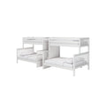 Multi-level white wooden bunk beds with slatted guardrails and mattresses, space-saving kids' bedroom bunk bed design