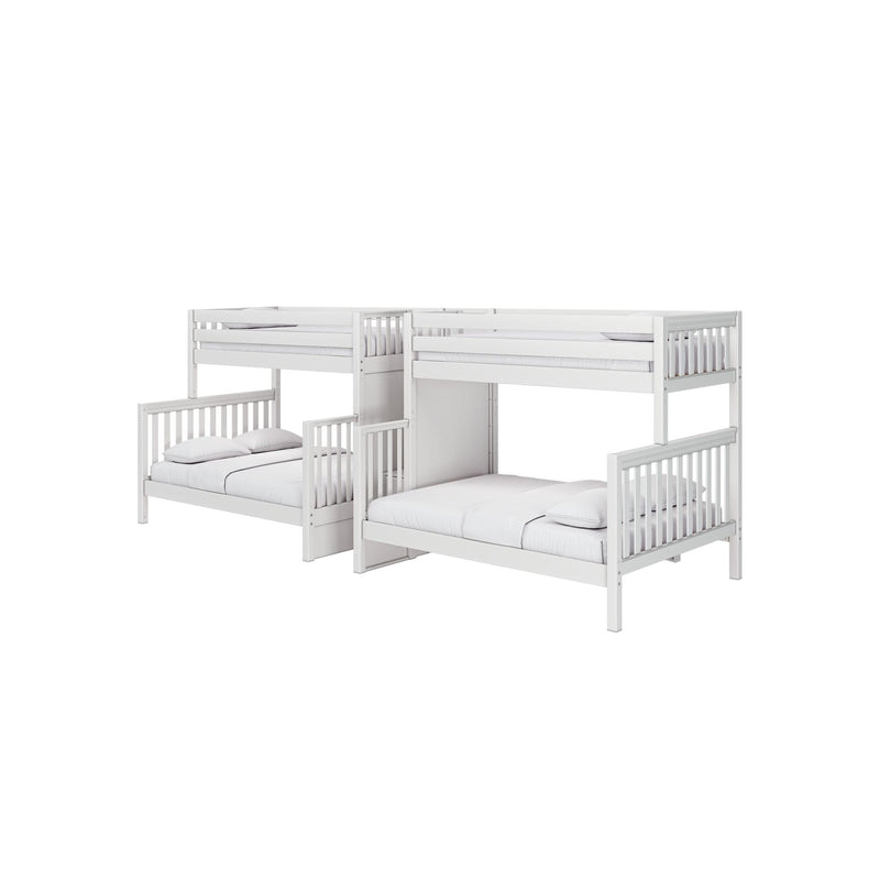 Multi-level white wooden bunk beds with slatted guardrails and mattresses, space-saving kids' bedroom bunk bed design
