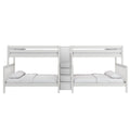 White wooden twin-over-twin bunk bed with center storage stairs and built-in drawers, slatted rails and neutral bedding for kids' bedroom, modern farmhouse style