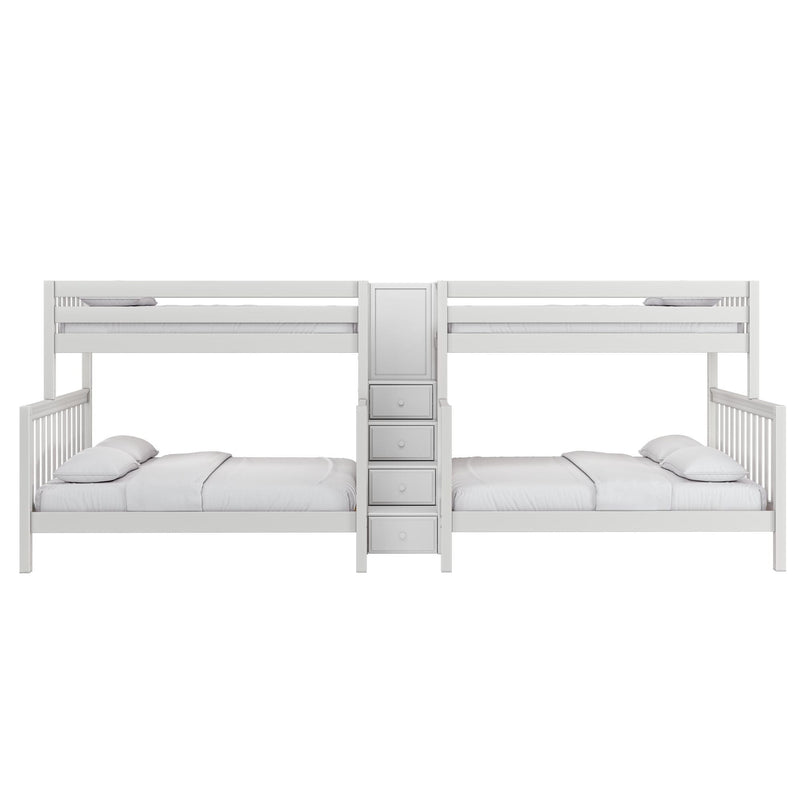 White wooden twin-over-twin bunk bed with center storage stairs and built-in drawers, slatted rails and neutral bedding for kids' bedroom, modern farmhouse style