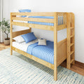 Natural wood bunk bed with blue quilted bedding and built-in ladder in modern kids' bedroom, space-saving children's furniture