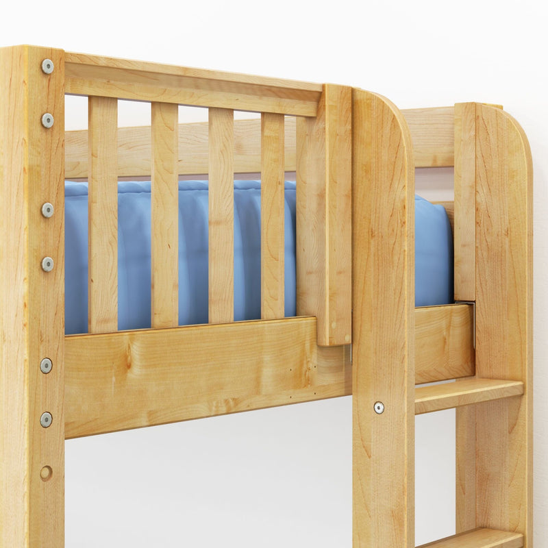 Solid wood bunk bed with maple finish, slatted safety rails and ladder beside blue mattress — kids bedroom furniture
