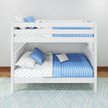 White wooden bunk bed with blue quilted bedding, star-print sheets and pillows in a modern kids' bedroom