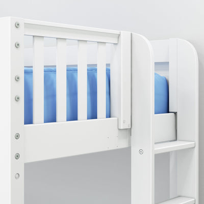 White wooden bunk bed with blue bedding and safety rail for children's bedroom.