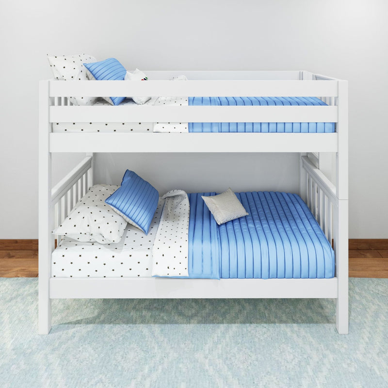 White wooden bunk bed with blue quilted bedding, star-print sheets and pillows in a modern children's bedroom — nursery decor, kids loft bed