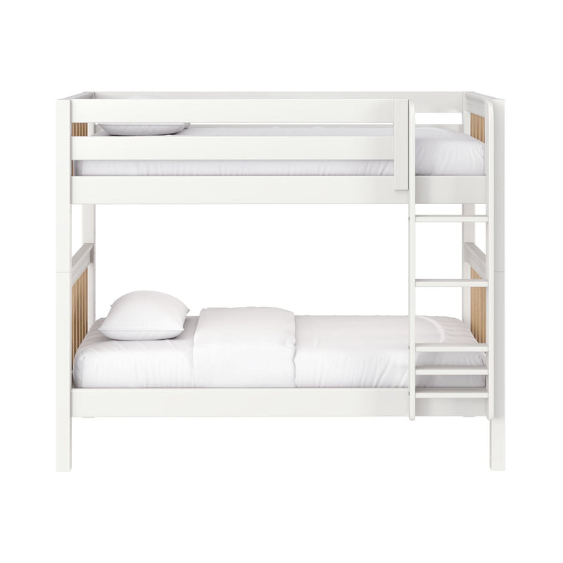 White wooden bunk bed with side ladder and natural wood slat accents, white bedding, modern children's bedroom furniture
