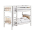 White wooden bunk bed with natural oak slats, built-in ladder and guard rails, modern kids' bedroom furniture