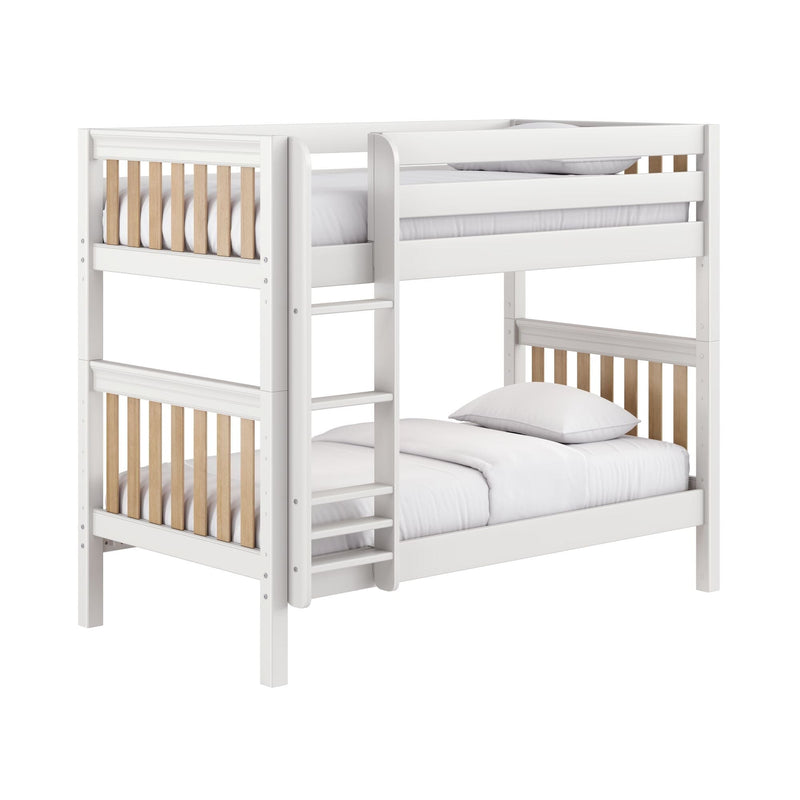 White wooden bunk bed with natural oak slats, built-in ladder and guard rails, modern kids' bedroom furniture