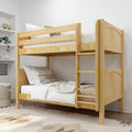 Natural wood twin-over-twin bunk bed with ladder, white linens and patterned pillows in a modern Scandinavian kids' bedroom
