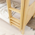 Light wood bunk bed ladder and slatted frame beside cozy plaid bedding on a lower twin mattress in a modern bedroom