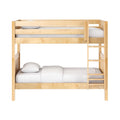 Minimalist light natural wood two-tier bunk bed with side ladder and crisp white bedding, space-saving children's bedroom furniture in maple finish